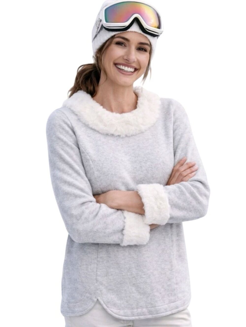 Soft Surroundings Apres Ski Silver Gray Heather Faux Fur Tunic Top Cozy Size L
